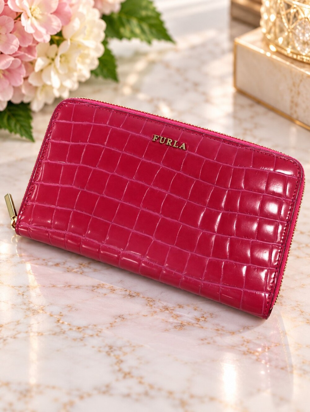 Furla Pink Croc Embossed Leather Zip Around Continental Wallet Gold Logo 7.5"x4"